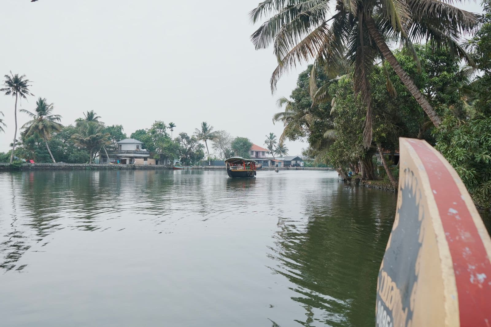 Houseboat on the Kerala backwaters, framed by palm trees