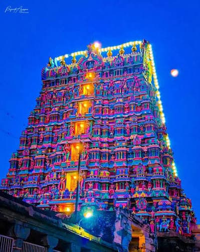 Nellaiappar Temple gopuram illuminated at night, Tirunelveli
